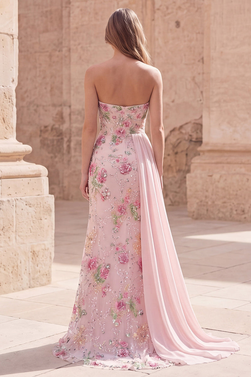 Load image into Gallery viewer, Sparkly Pink Floral Beaded Mermaid Long Formal Dress with Side Cape