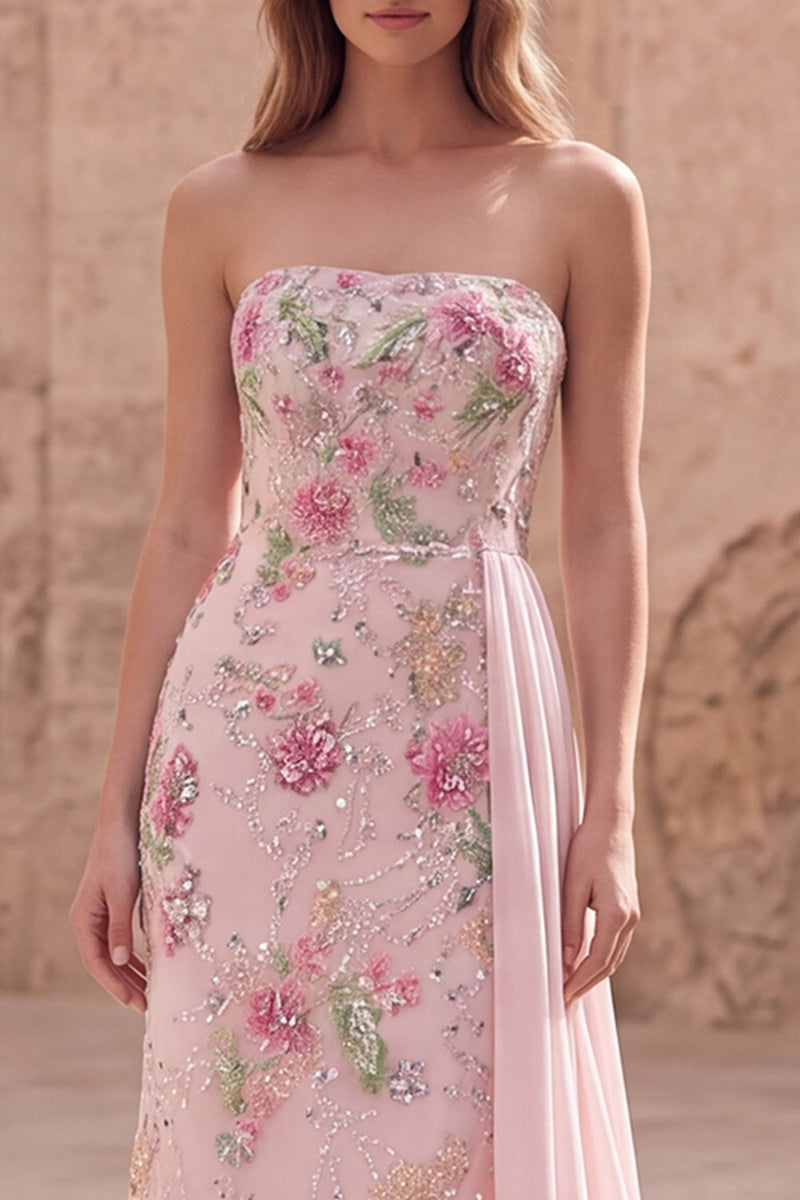 Load image into Gallery viewer, Sparkly Pink Floral Beaded Mermaid Long Formal Dress with Side Cape