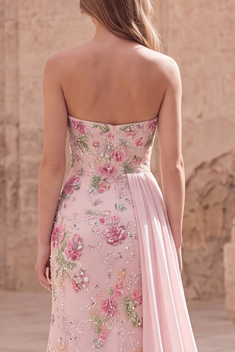 Load image into Gallery viewer, Sparkly Pink Floral Beaded Mermaid Long Formal Dress with Side Cape