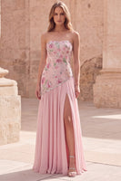 Load image into Gallery viewer, Strapless Sparkly Pink Beaded Floral A Line Long Formal Dress with Slit