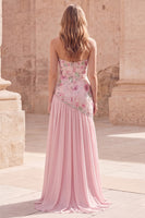 Load image into Gallery viewer, Strapless Sparkly Pink Beaded Floral A Line Long Formal Dress with Slit