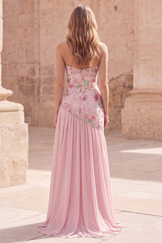 Strapless Sparkly Pink Beaded Floral A Line Long Formal Dress with Slit