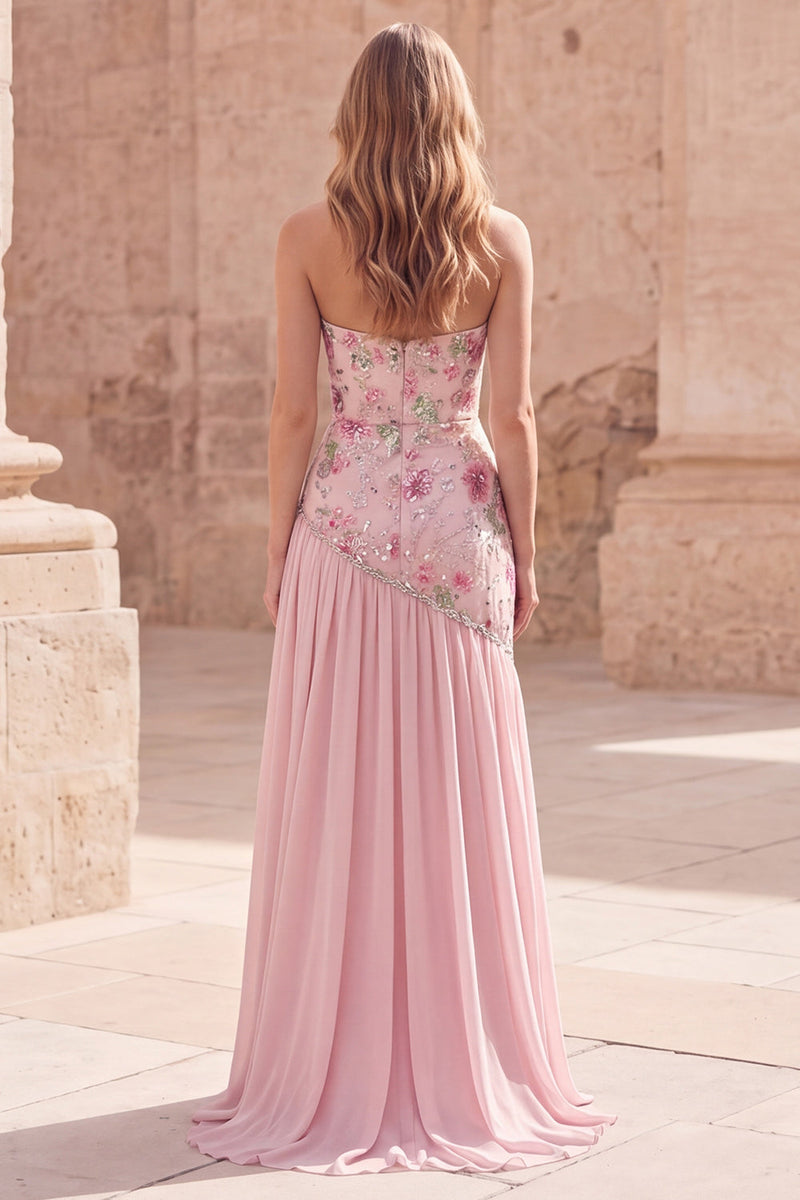 Load image into Gallery viewer, Strapless Sparkly Pink Beaded Floral A Line Long Formal Dress with Slit