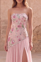 Load image into Gallery viewer, Strapless Sparkly Pink Beaded Floral A Line Long Formal Dress with Slit