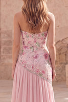 Load image into Gallery viewer, Strapless Sparkly Pink Beaded Floral A Line Long Formal Dress with Slit