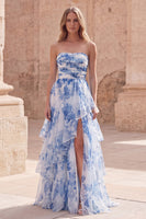 Load image into Gallery viewer, White Blue Flower Strapless Ruffled Long A Line Formal Dress with Slit