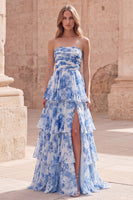 Load image into Gallery viewer, White Blue Flower A Line Strapless Long Formal Dress with Ruffles