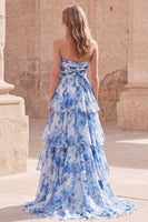 Load image into Gallery viewer, White Blue Flower A Line Strapless Long Formal Dress with Ruffles