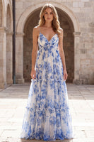 Load image into Gallery viewer, White Blue Flower Spaghetti Straps A Line Long Formal Dress