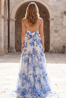 White Blue Flower Spaghetti Straps A Line Long Formal Dress