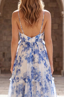 Load image into Gallery viewer, White Blue Flower Spaghetti Straps A Line Long Formal Dress