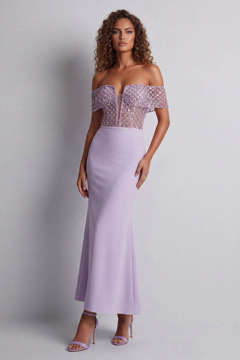Load image into Gallery viewer, Light Purple Off the Shoulder Mermaid Long Corset Formal Dress with Beading