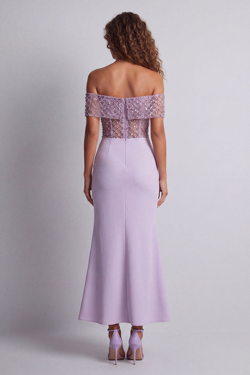 Load image into Gallery viewer, Light Purple Off the Shoulder Mermaid Long Corset Formal Dress with Beading