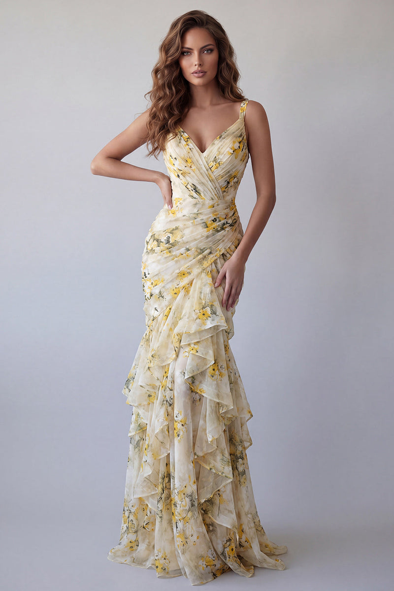 Load image into Gallery viewer, Light Yellow Floral V-Neck Mermaid Ruched Long Formal Dress with Ruffles