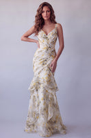 Load image into Gallery viewer, Light Yellow Floral V-Neck Mermaid Ruched Long Formal Dress with Ruffles