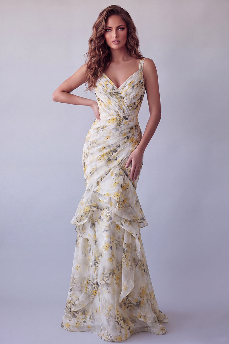 Load image into Gallery viewer, Light Yellow Floral V-Neck Mermaid Ruched Long Formal Dress with Ruffles
