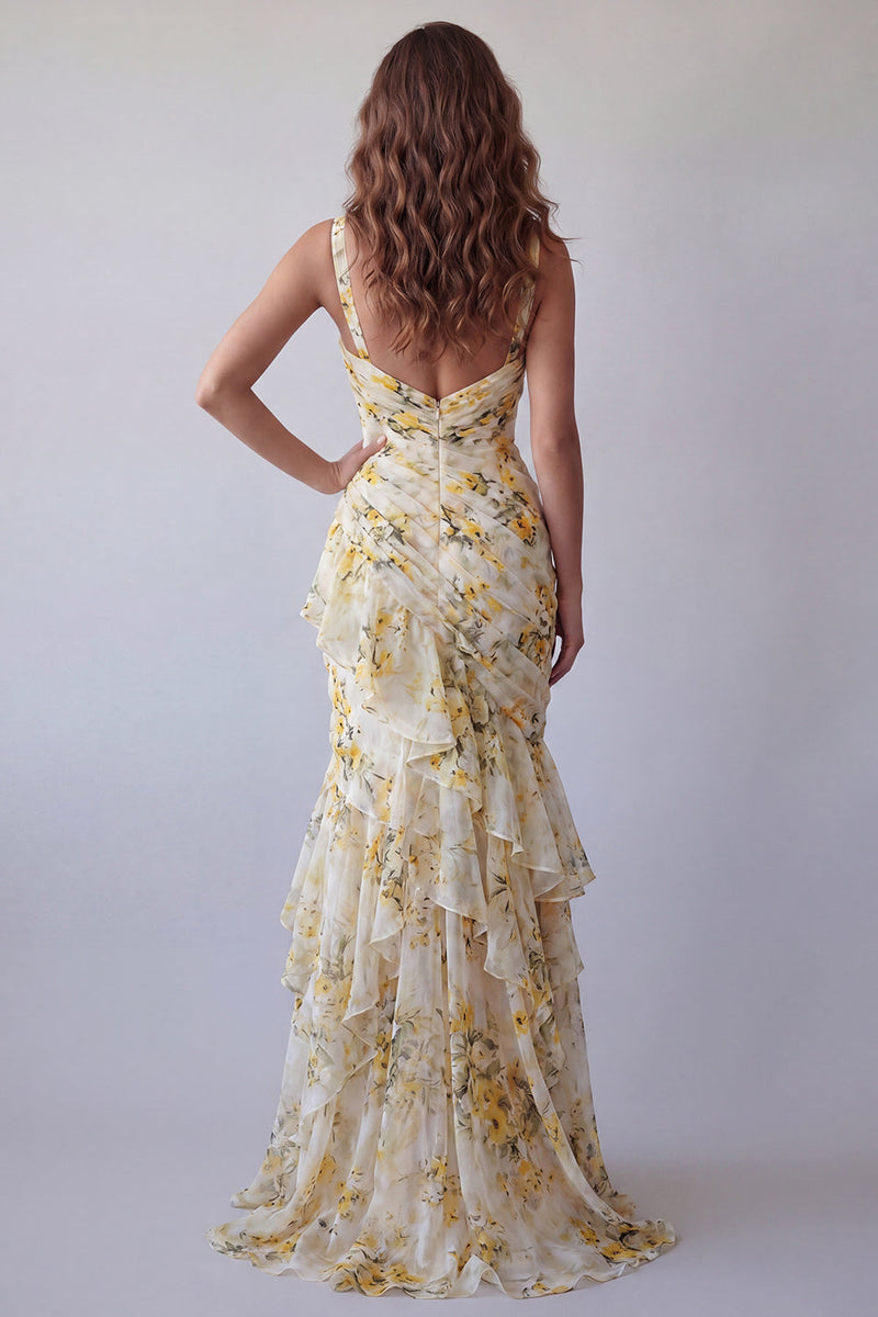 Load image into Gallery viewer, Light Yellow Floral V-Neck Mermaid Ruched Long Formal Dress with Ruffles