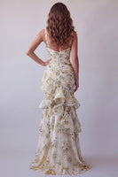 Load image into Gallery viewer, Light Yellow Floral V-Neck Mermaid Ruched Long Formal Dress with Ruffles