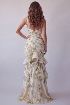 Light Yellow Floral V-Neck Mermaid Ruched Long Formal Dress with Ruffles