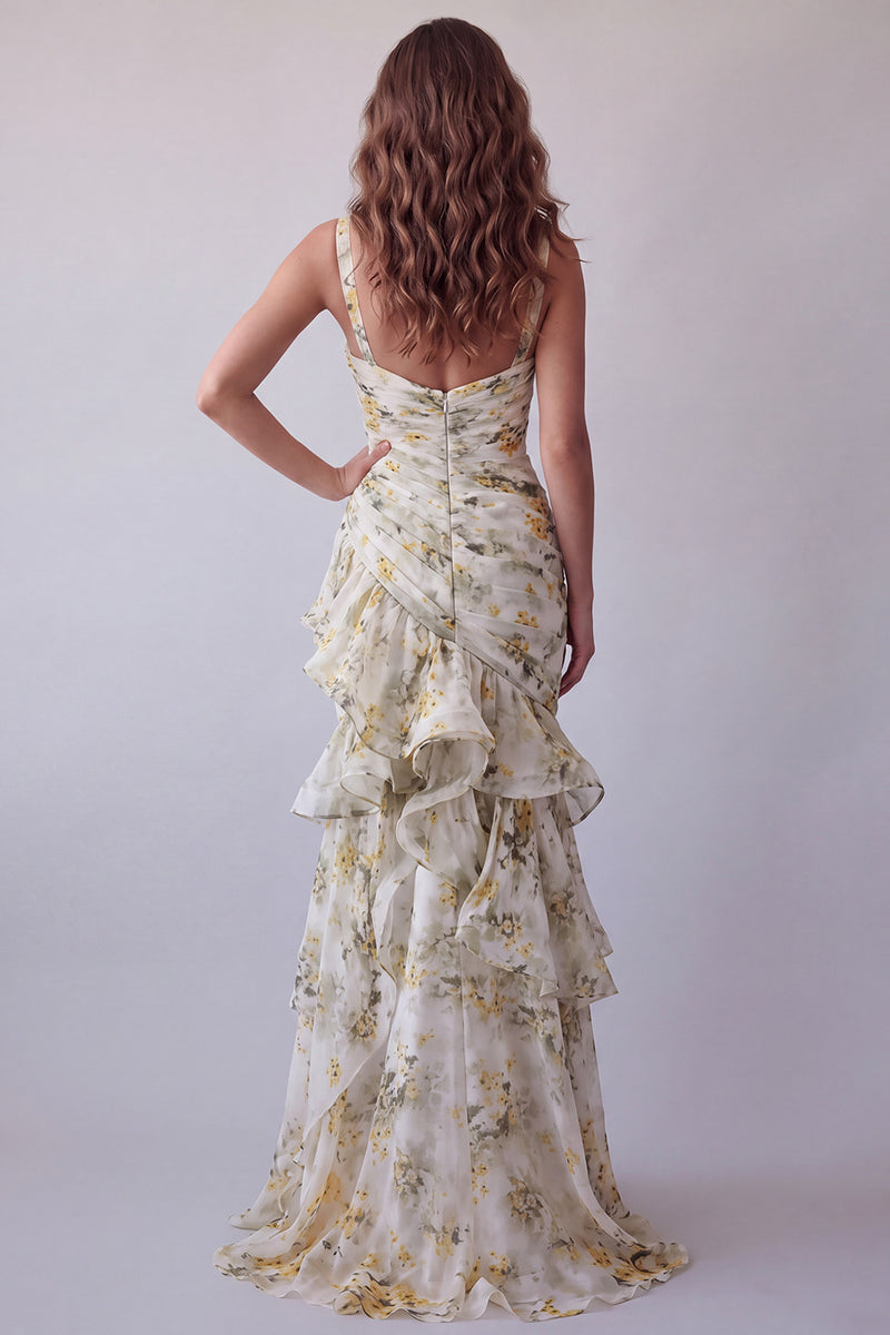Load image into Gallery viewer, Light Yellow Floral V-Neck Mermaid Ruched Long Formal Dress with Ruffles