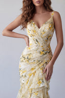 Load image into Gallery viewer, Light Yellow Floral V-Neck Mermaid Ruched Long Formal Dress with Ruffles