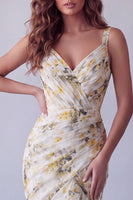 Load image into Gallery viewer, Light Yellow Floral V-Neck Mermaid Ruched Long Formal Dress with Ruffles