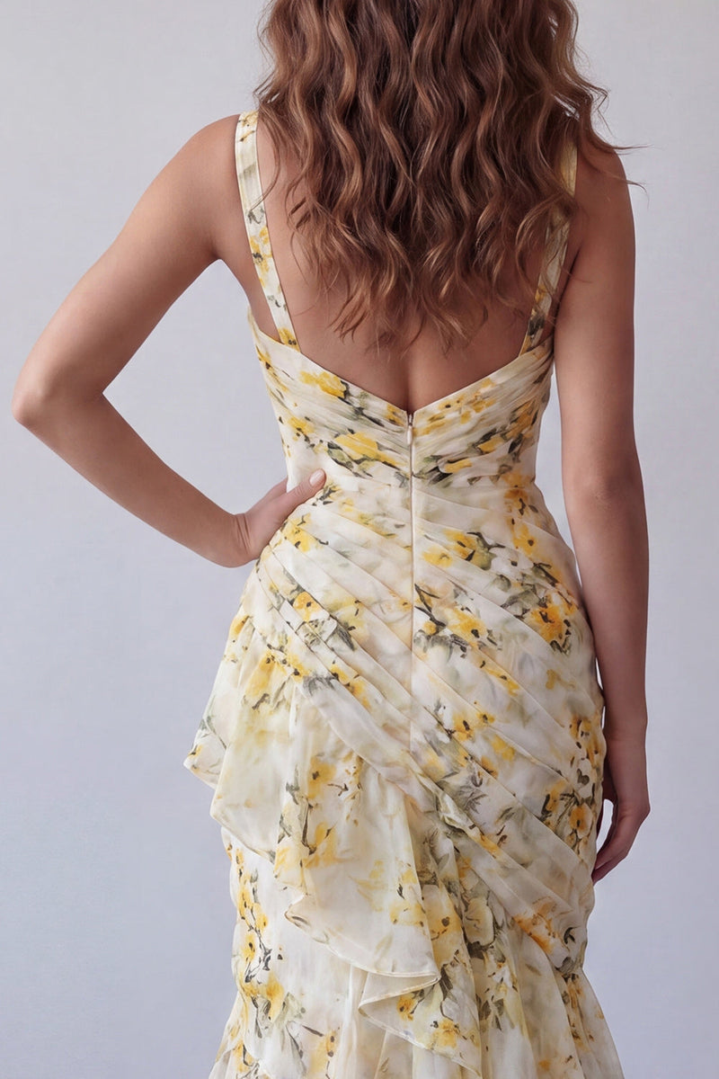 Load image into Gallery viewer, Light Yellow Floral V-Neck Mermaid Ruched Long Formal Dress with Ruffles