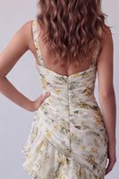 Load image into Gallery viewer, Light Yellow Floral V-Neck Mermaid Ruched Long Formal Dress with Ruffles