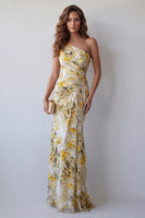 Load image into Gallery viewer, Light Yellow Mermaid One Shoulder Ruched Long Floral Formal Dress