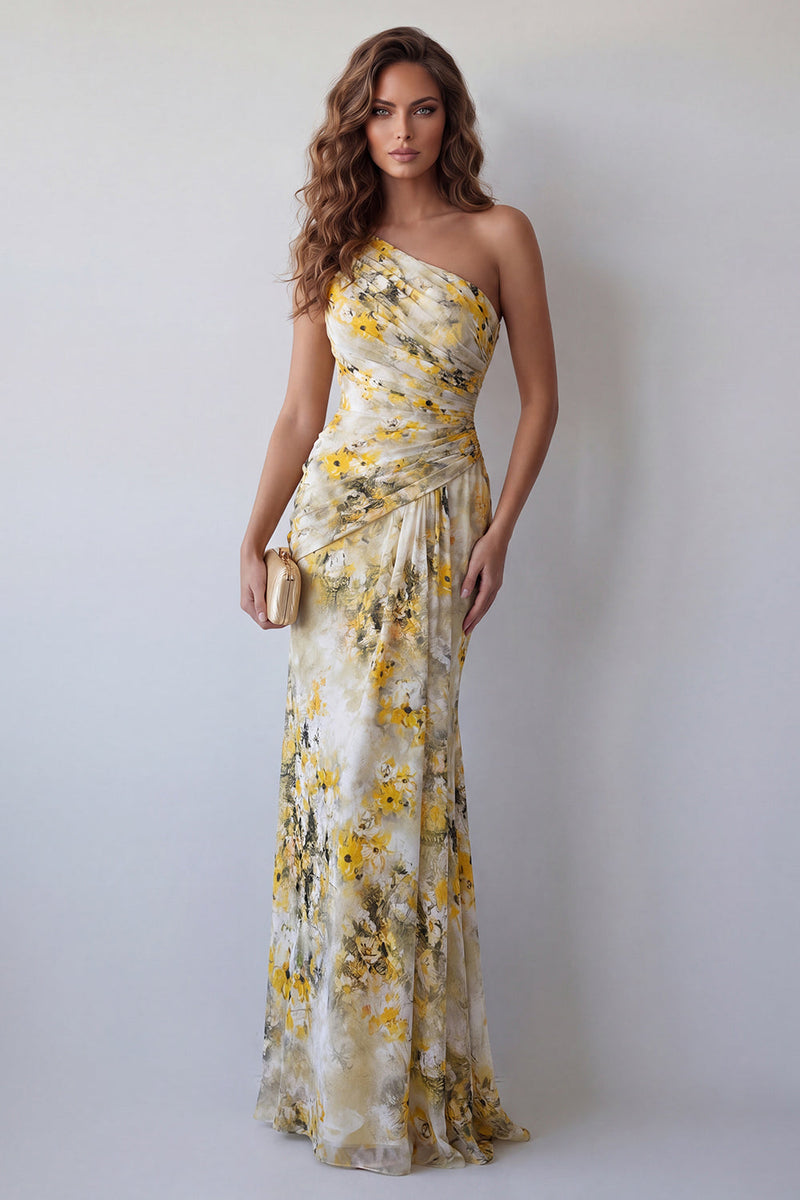 Load image into Gallery viewer, Light Yellow Mermaid One Shoulder Ruched Long Floral Formal Dress