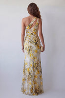Load image into Gallery viewer, Light Yellow Mermaid One Shoulder Ruched Long Floral Formal Dress