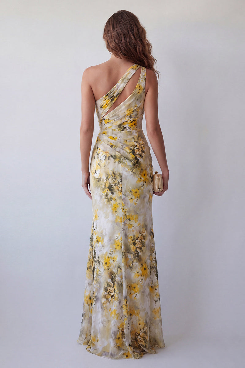Load image into Gallery viewer, Light Yellow Mermaid One Shoulder Ruched Long Floral Formal Dress