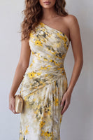 Load image into Gallery viewer, Light Yellow Mermaid One Shoulder Ruched Long Floral Formal Dress