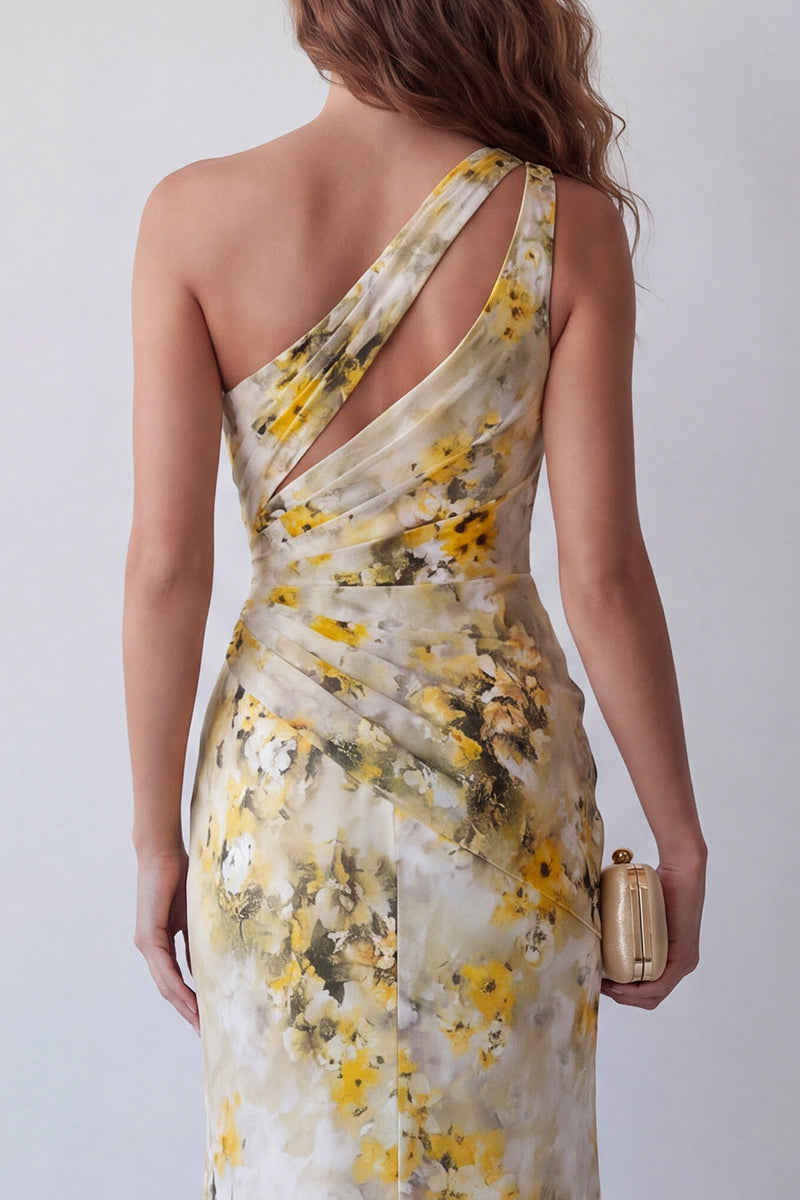 Load image into Gallery viewer, Light Yellow Mermaid One Shoulder Ruched Long Floral Formal Dress