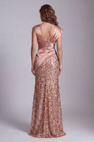 Load image into Gallery viewer, Sparkly Champagne Beaded Ruched Mermaid Long Formal Dress with Slit