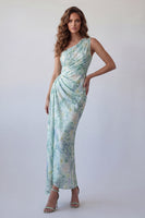 Load image into Gallery viewer, Light Green One Shoulder Floral Mermaid Ruched Long Formal Dress