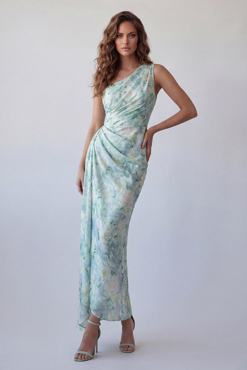 Load image into Gallery viewer, Light Green One Shoulder Floral Mermaid Ruched Long Formal Dress
