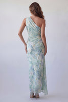 Load image into Gallery viewer, Light Green One Shoulder Floral Mermaid Ruched Long Formal Dress