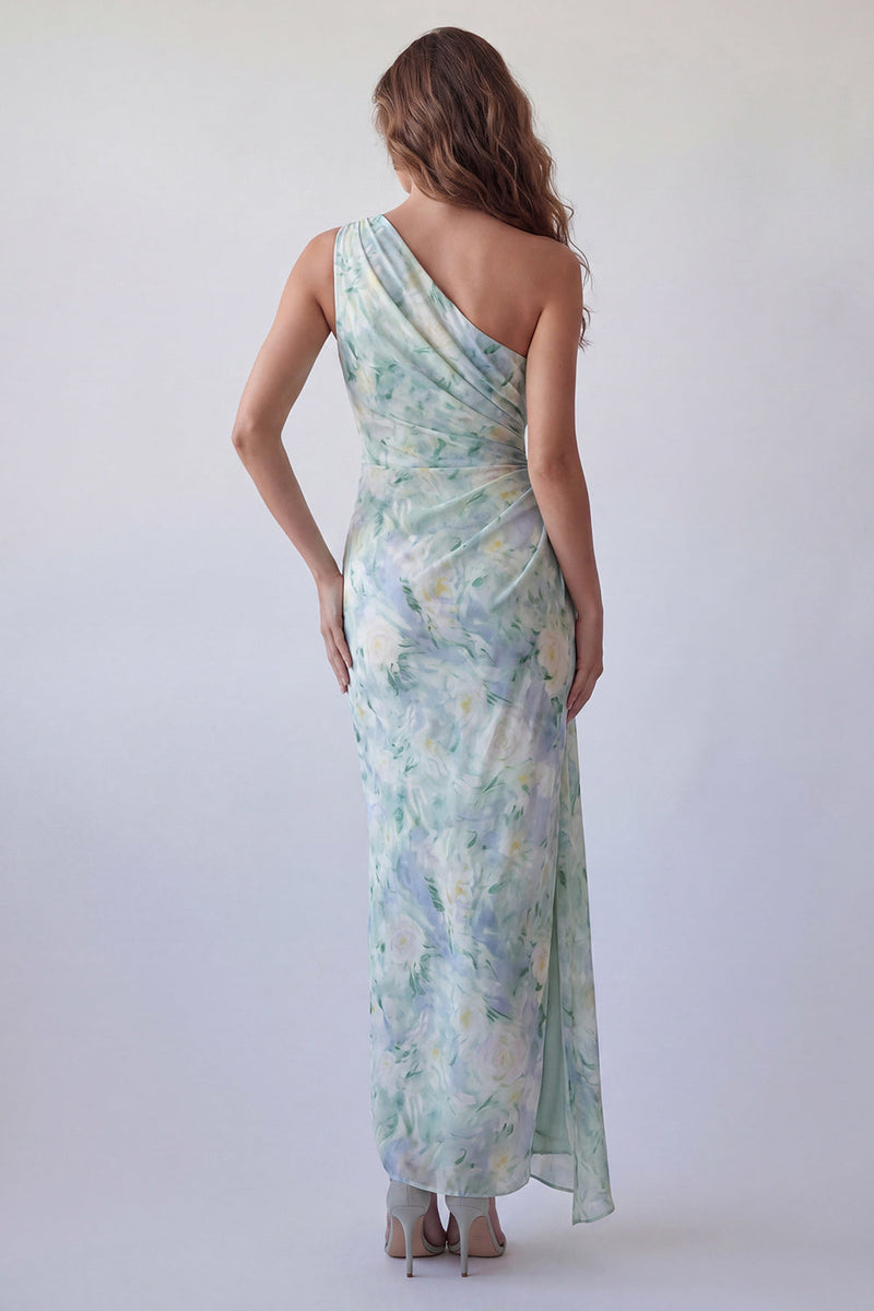 Load image into Gallery viewer, Light Green One Shoulder Floral Mermaid Ruched Long Formal Dress