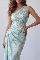 Load image into Gallery viewer, Light Green One Shoulder Floral Mermaid Ruched Long Formal Dress