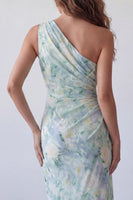 Load image into Gallery viewer, Light Green One Shoulder Floral Mermaid Ruched Long Formal Dress