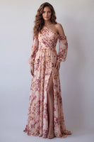 Load image into Gallery viewer, Pink Floral One Shoulder A Line Ruched Long Formal Dress with Slit