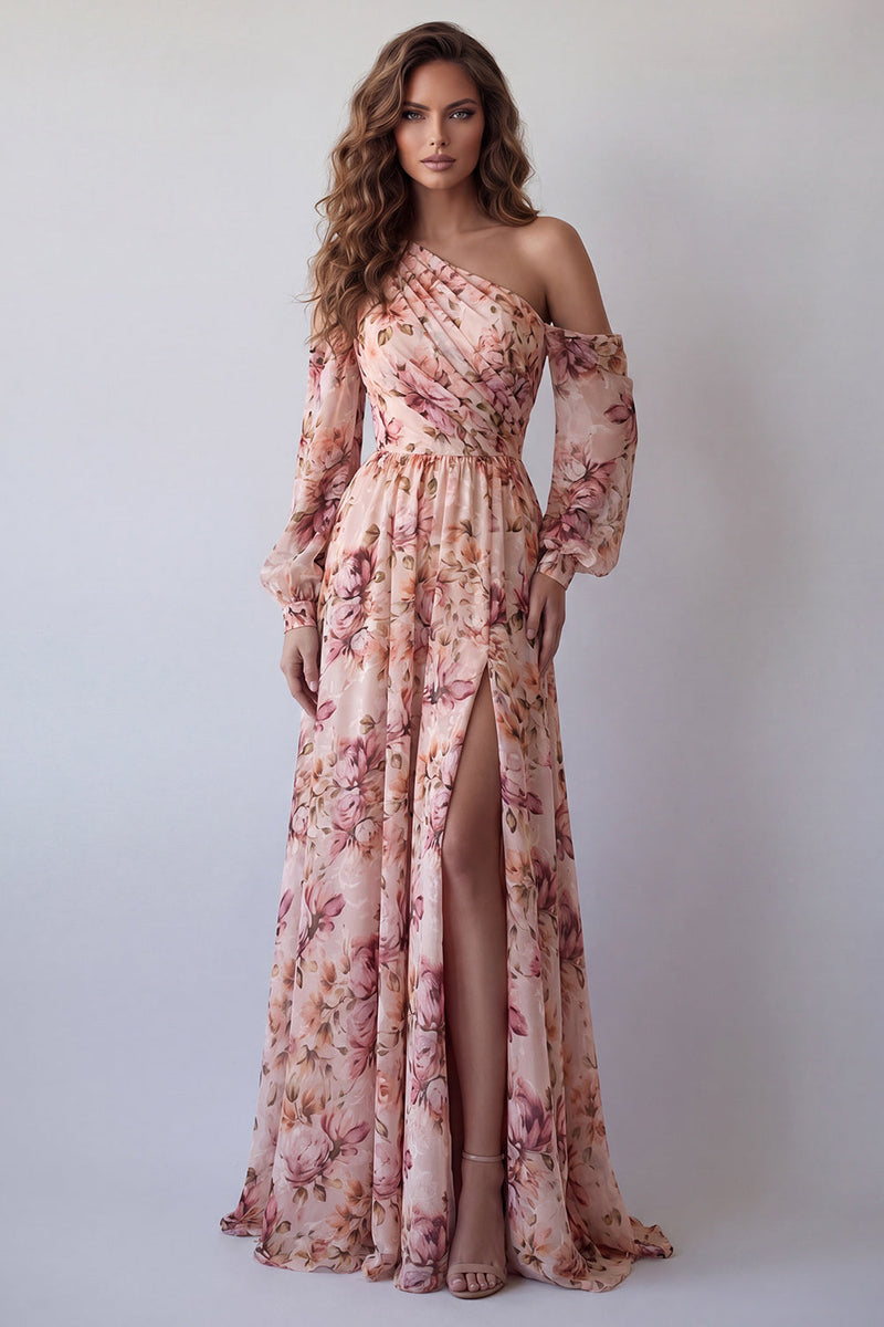 Load image into Gallery viewer, Pink Floral One Shoulder A Line Ruched Long Formal Dress with Slit