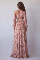 Load image into Gallery viewer, Pink Floral One Shoulder A Line Ruched Long Formal Dress with Slit