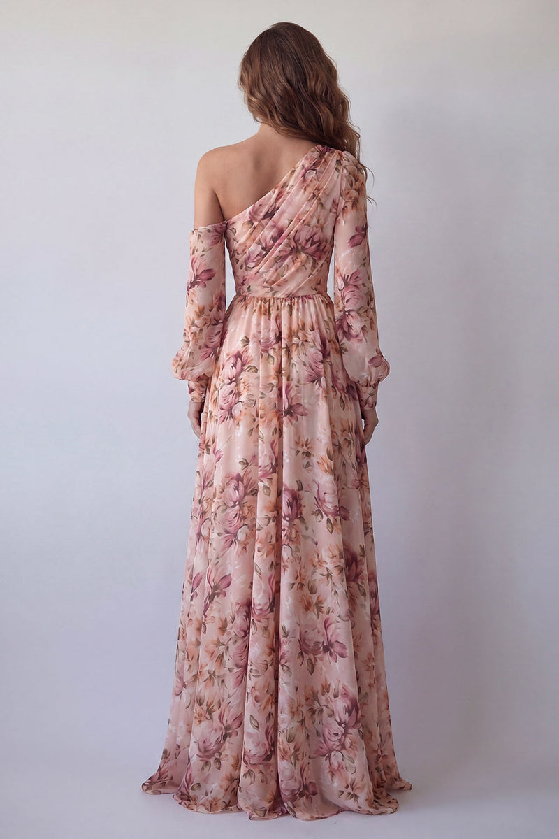 Load image into Gallery viewer, Pink Floral One Shoulder A Line Ruched Long Formal Dress with Slit