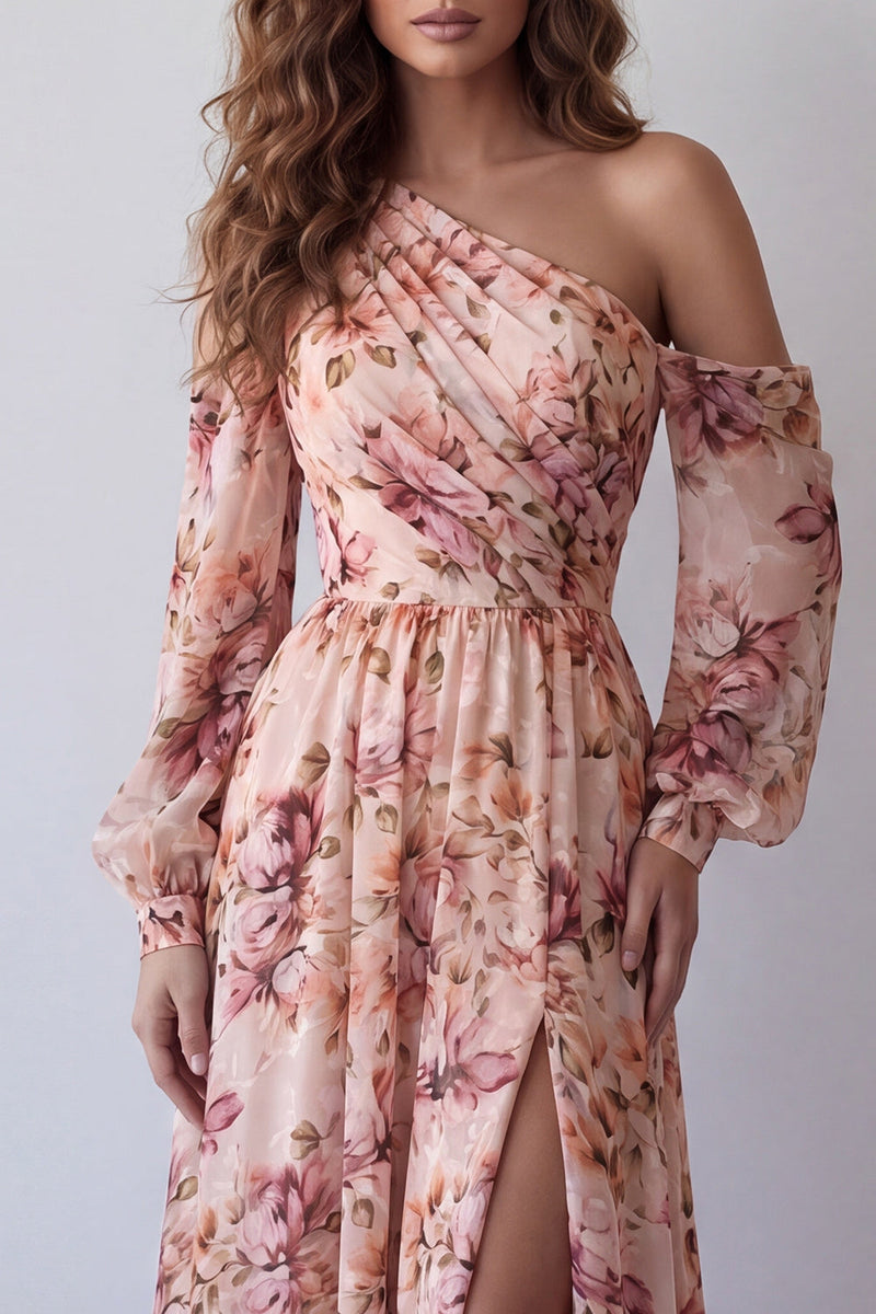 Load image into Gallery viewer, Pink Floral One Shoulder A Line Ruched Long Formal Dress with Slit