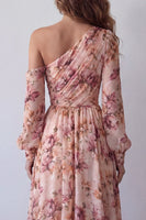 Load image into Gallery viewer, Pink Floral One Shoulder A Line Ruched Long Formal Dress with Slit