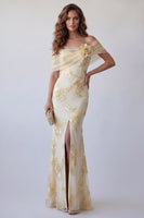 Load image into Gallery viewer, Light Yellow Floral Mermaid Off the Shoulder Long Formal Dress with 3D Flower
