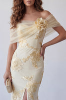 Load image into Gallery viewer, Light Yellow Floral Mermaid Off the Shoulder Long Formal Dress with 3D Flower