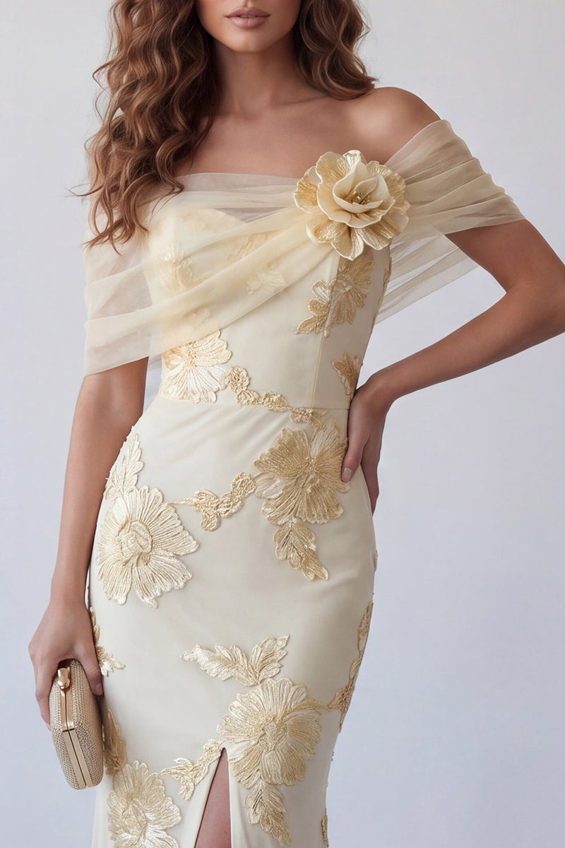Load image into Gallery viewer, Light Yellow Floral Mermaid Off the Shoulder Long Formal Dress with 3D Flower